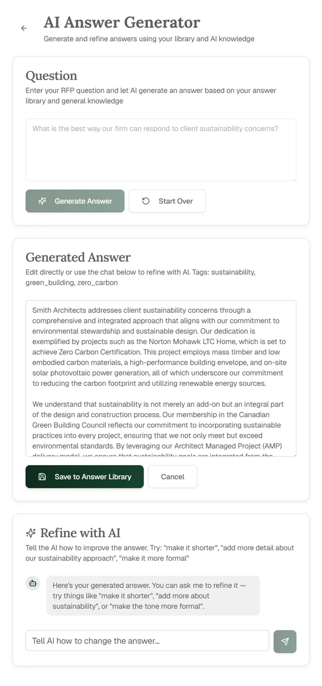 AI Answer Generator drafting a response from the firm's library
