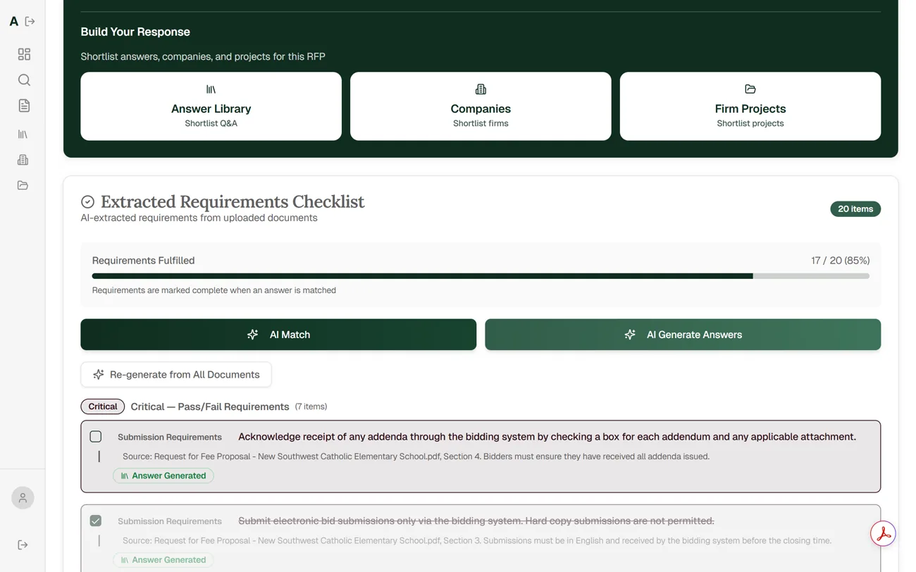 RFP Builder showing requirements extracted into a checklist